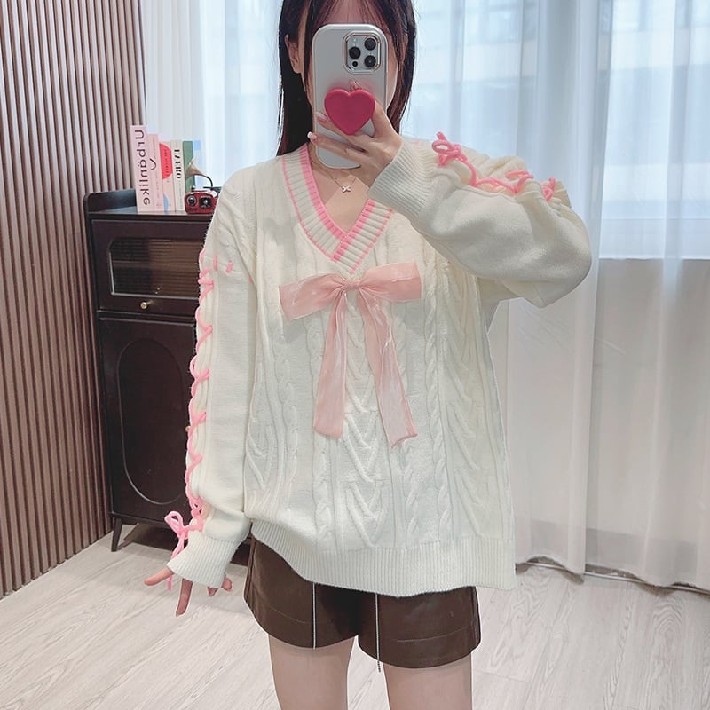【tops】リボン付きレースアップニットセーター　N2714