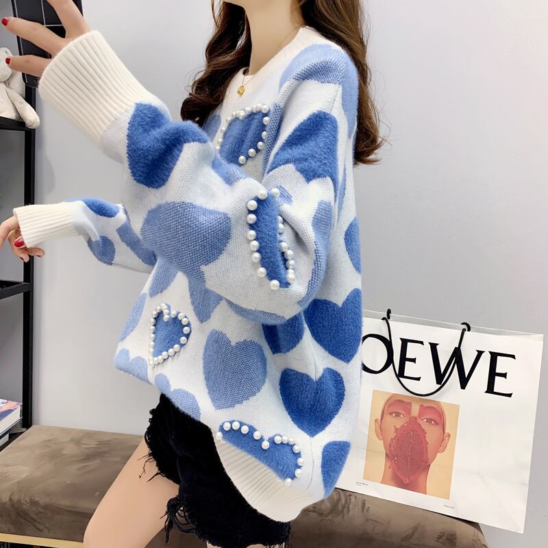 【tops】必ず目を引く2色ラウンドネック長袖ハート柄配色ゆったりビーズ飾りニットセーターF0682