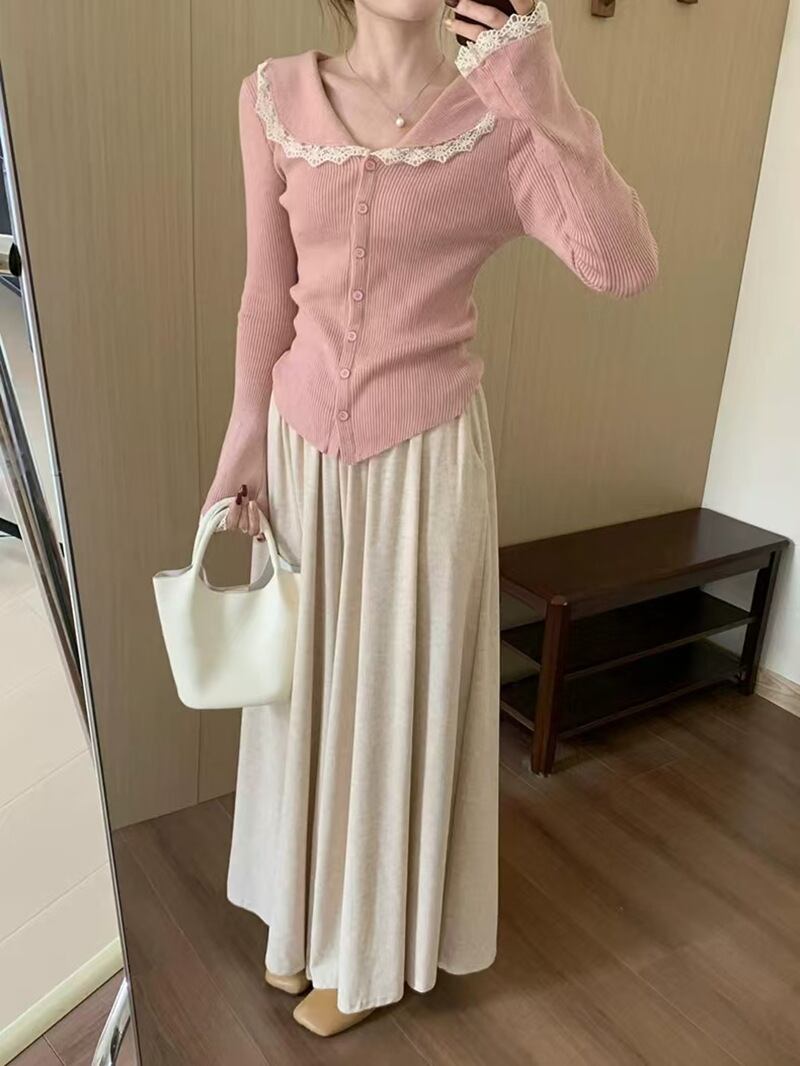 【tops】レース切り替えニットカーデ　M27552