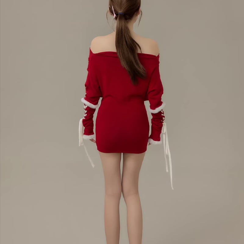 【dress】ファー付きオフショルダーニットワンピース Q7730