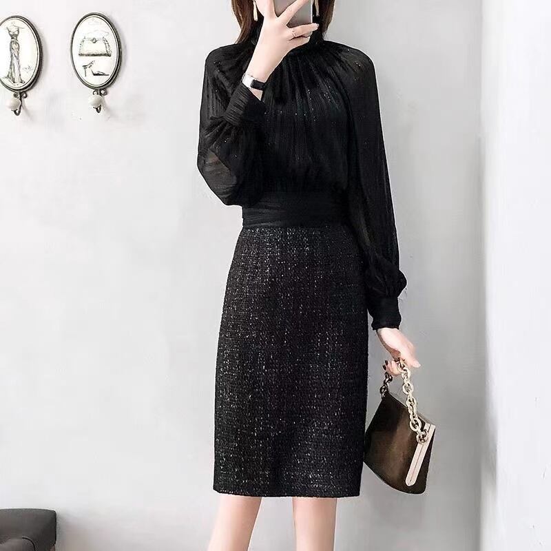 【dress】今季トレンド長袖切り替え韓国ファッションOL通勤無地パーティー卒業式タイトワンピースF1552