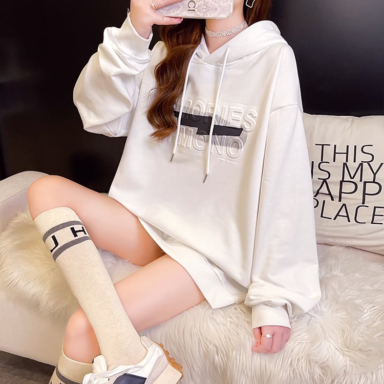 【tops】2色英字柄INS風フード付き長袖ゆったり着回しパーカーF0709