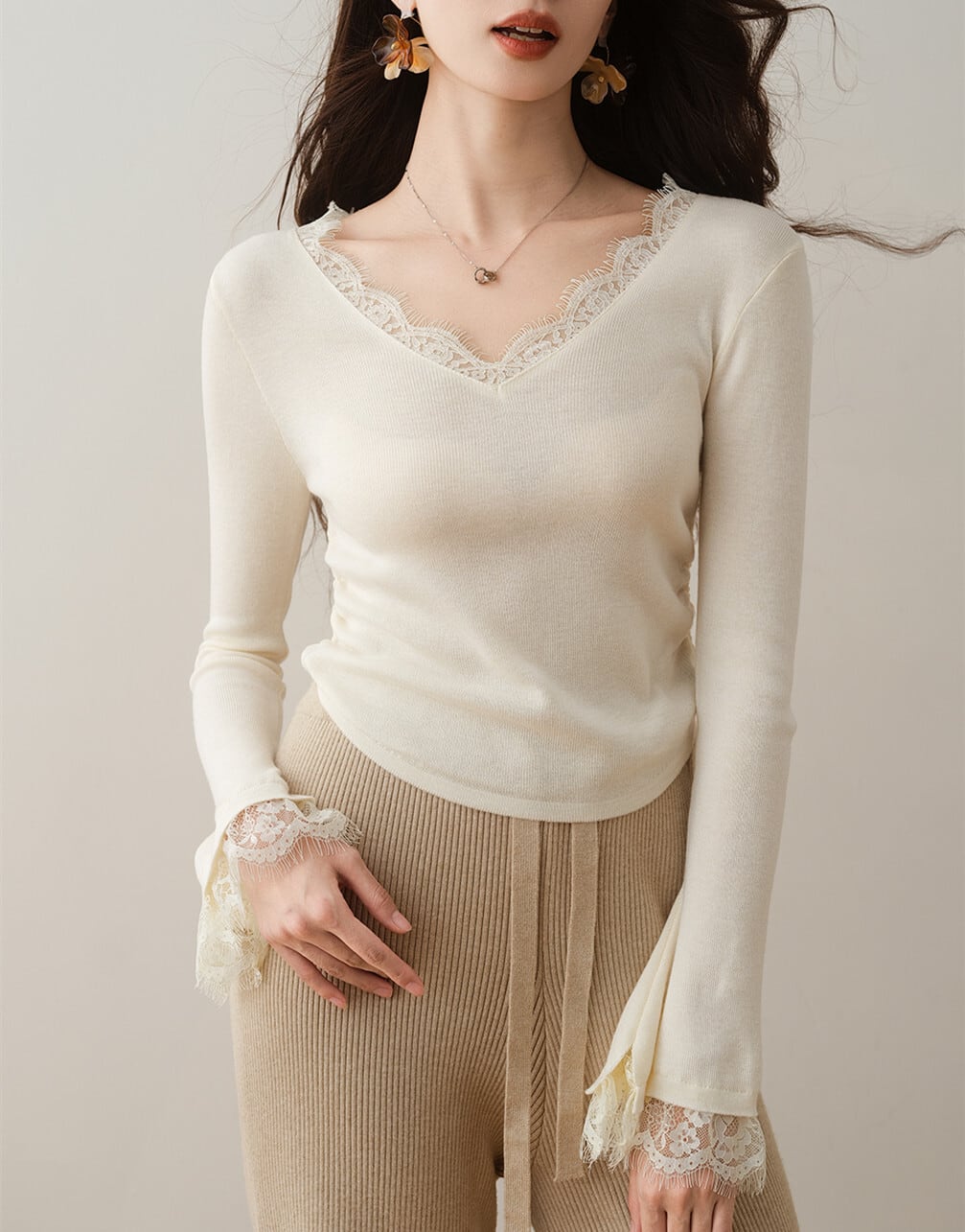 【tops】レースドッキングニットトップス N3427