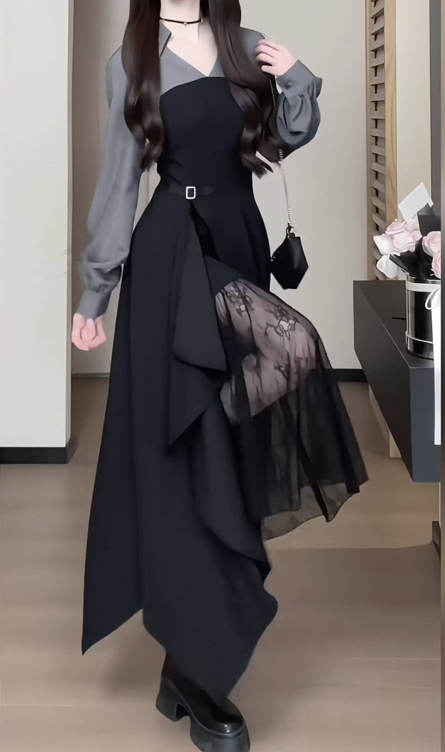 【dress】レースドッキングイレヘムワンピース　N3296