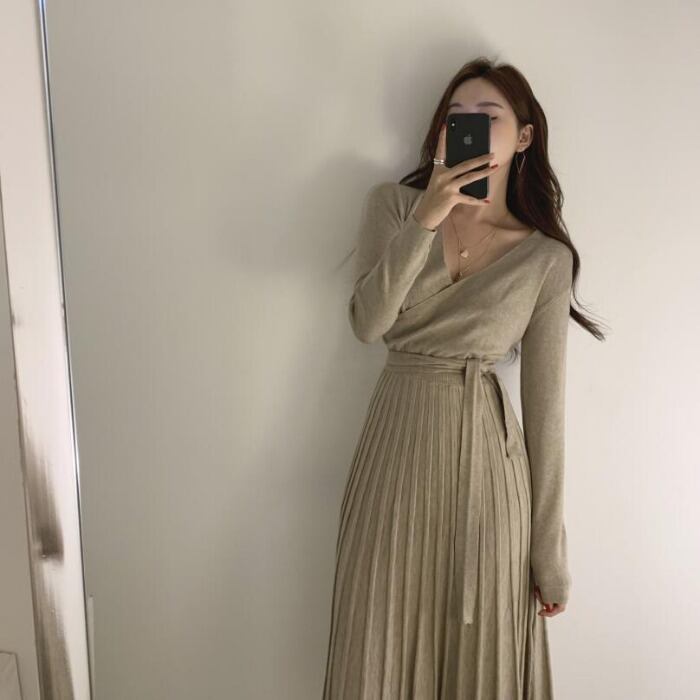 【dress】エレガント早い者勝ち 気質満点レトロ着痩せVネックニットワンピース G1759