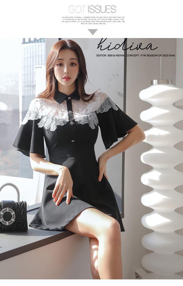 【dress】レース切り替え透かし彫りワンピース G21483