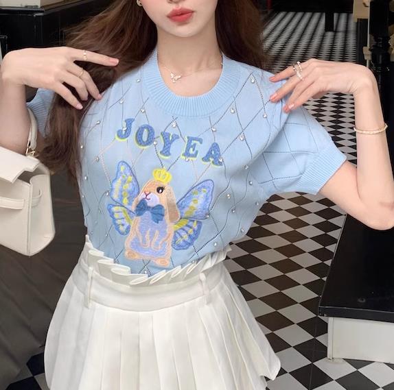 【tops】長袖ラインストーンニットＴシャツF7068