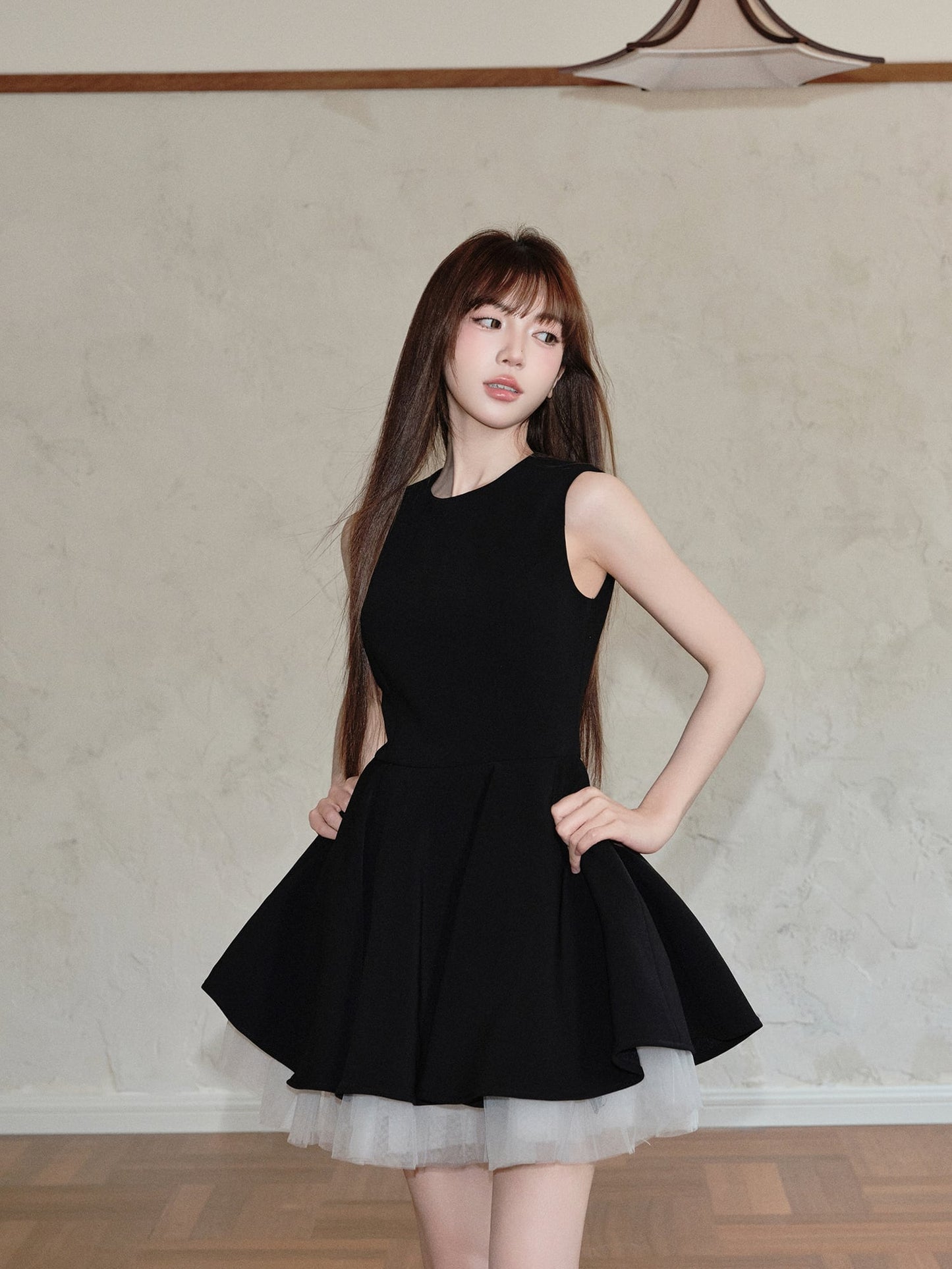 【dress】チュールドッキングノースリーブワンピース　N3093