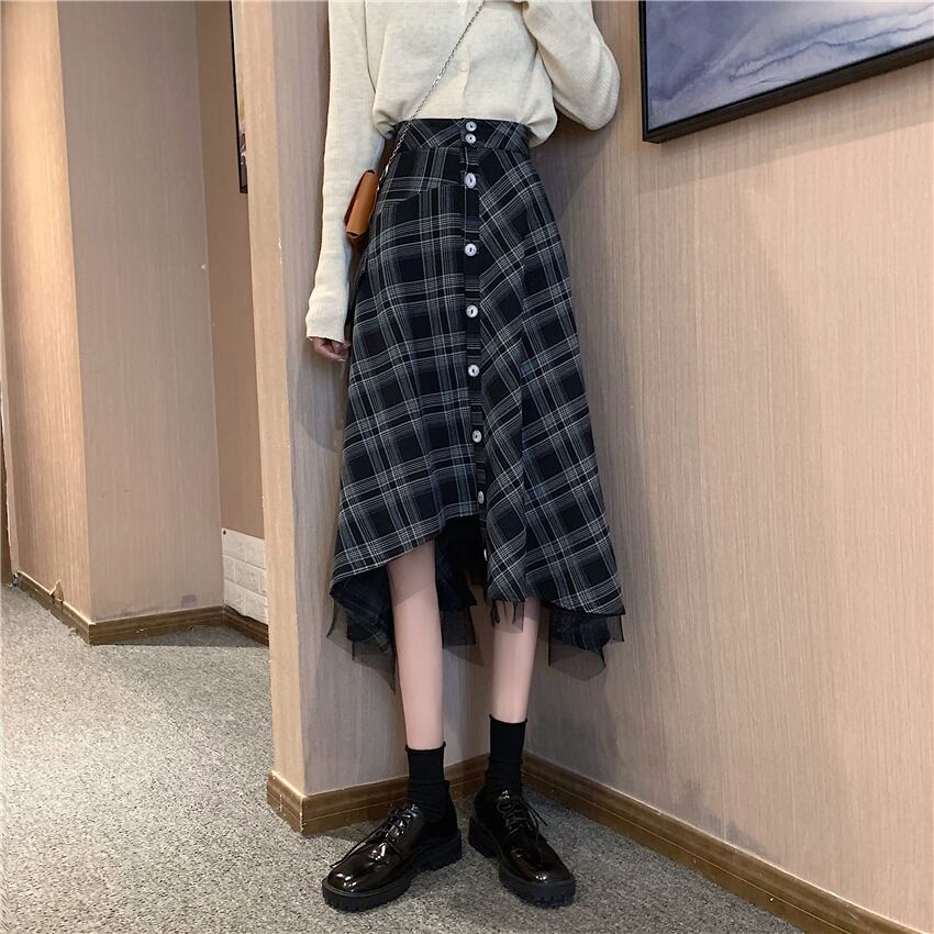 【bottoms】スウィート気質満点デザイン不規則チェック柄ハイウエストスカート