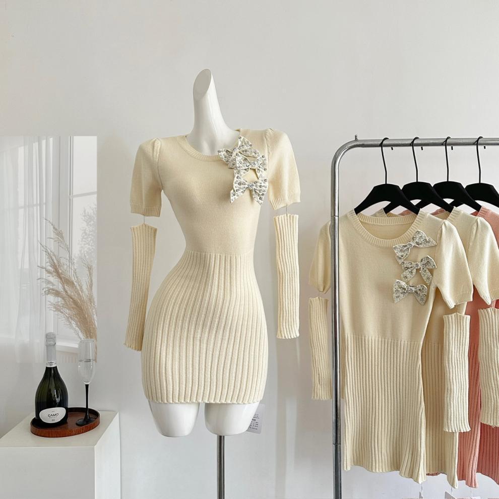 【dress】パールリボン付きニットワンピースアームカバー付き　M27726