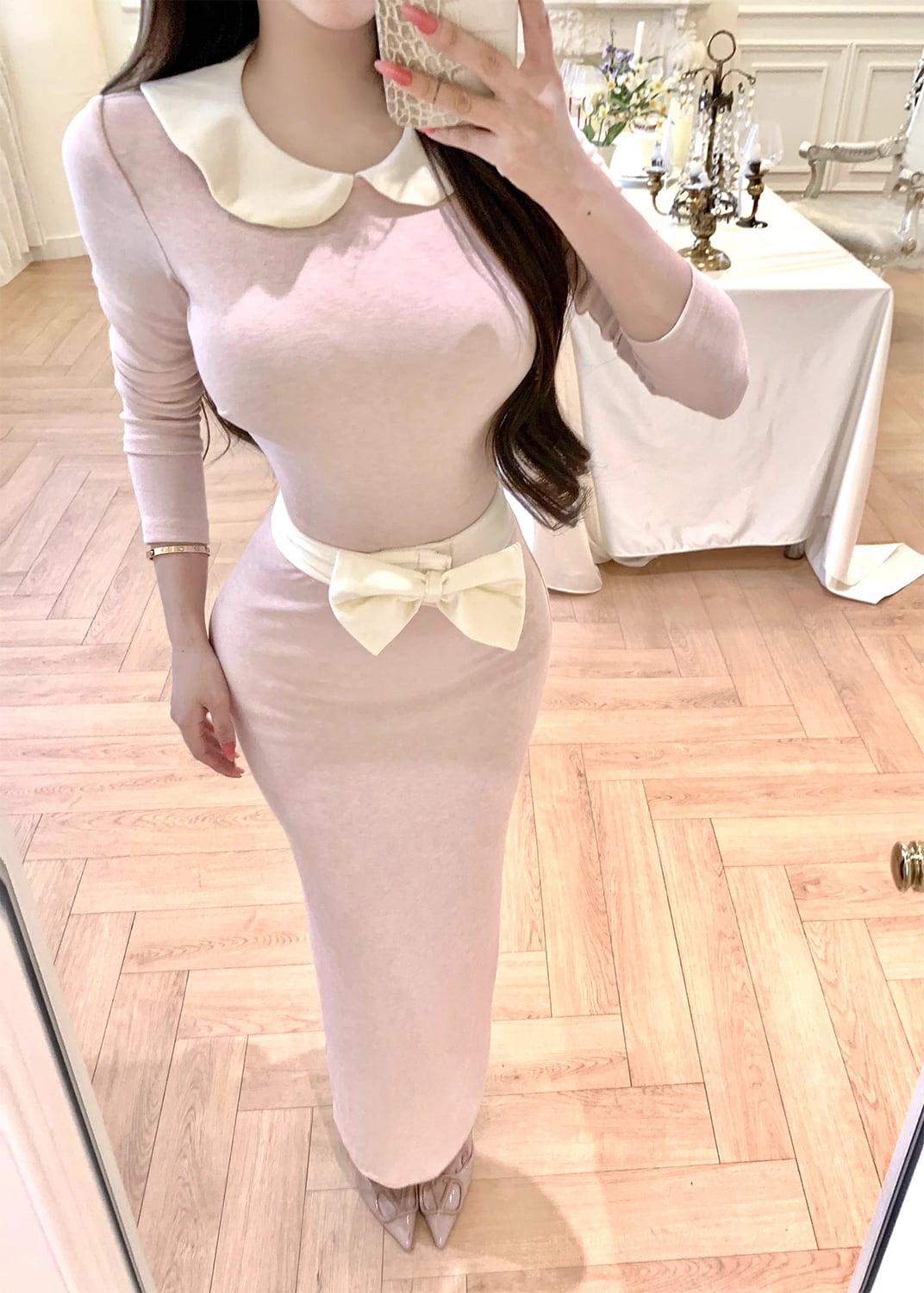 【dress】ベルト付きピーターパンカラーロングワンピース Q7733