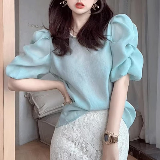 【tops】4色半袖パフ袖ブラウスF7517