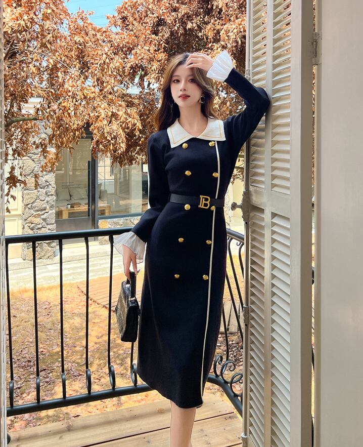 【dress】レースドッキングニットワンピース Q7584