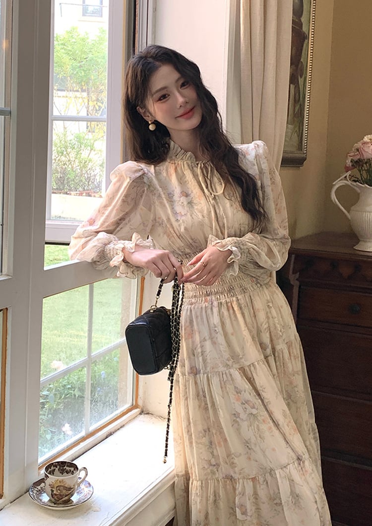 【dress】フラワー柄シフォンAラインロングワンピース Q7978