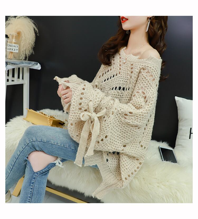 【tops】韓国ファッション3色ラウンドネック長袖透かし彫り薄手ニットセーターF0634