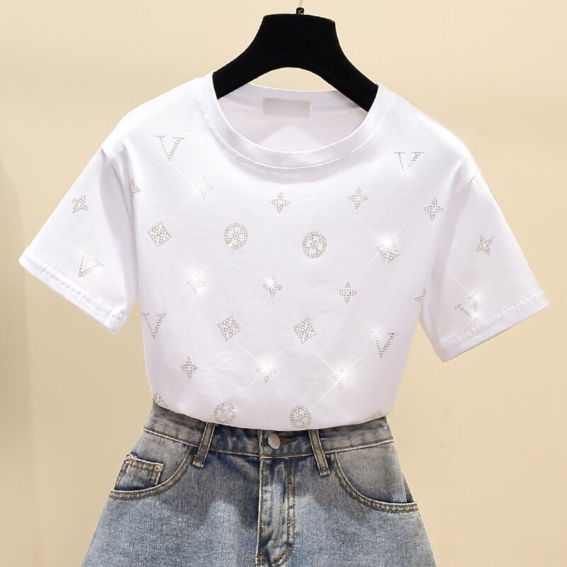 【tops】オシャレ度満点〜夏新作2色ラウンドネック半袖韓国ファッション人気着回しTシャツF2769