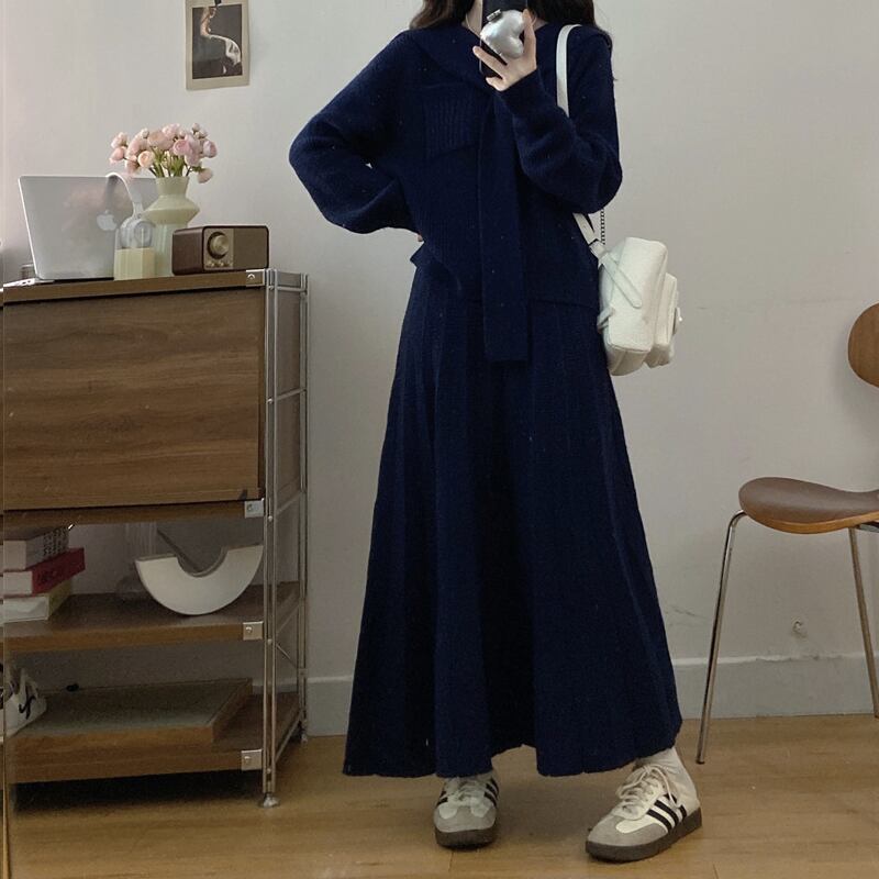 【set】スカーフカラーニットトップス×ロングスカートセット Q7139