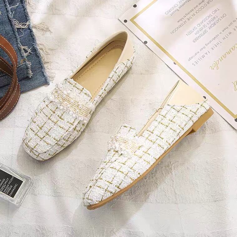 【shoes】今季大好評秋新作2色履きやすい美脚魅せチェック柄ビーズ飾りフラットシューズF0978