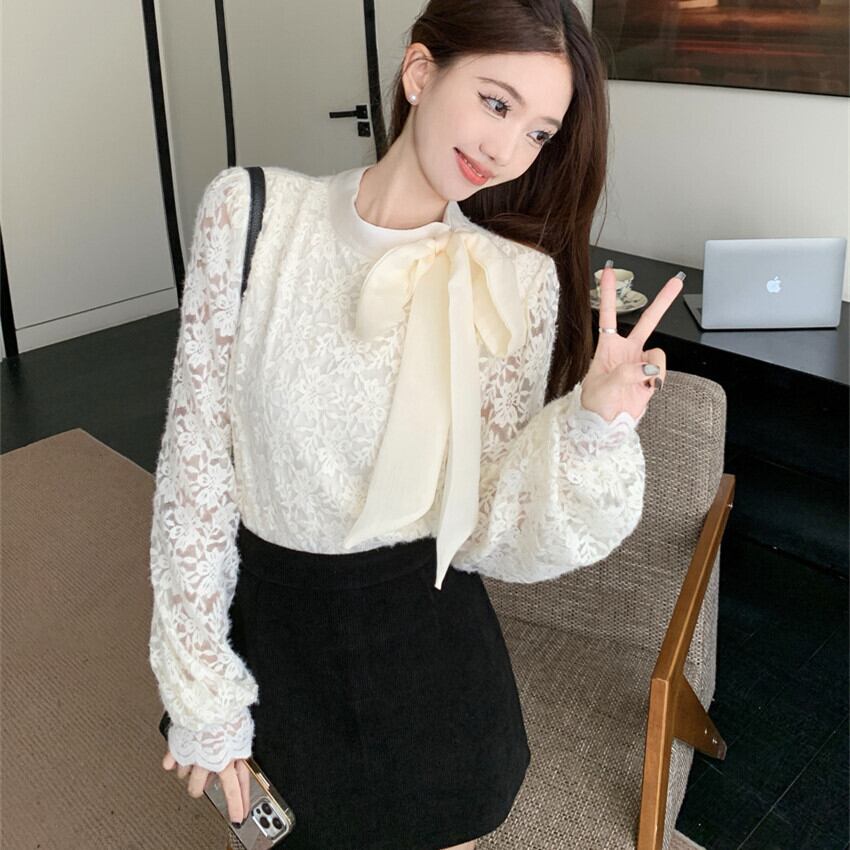 【tops】リボン付き裹起毛レーストップス　M28380
