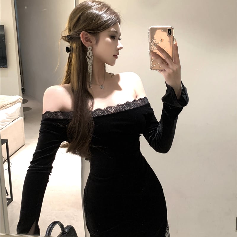 【dress】オフショルレースドッキングワンピース Q7408