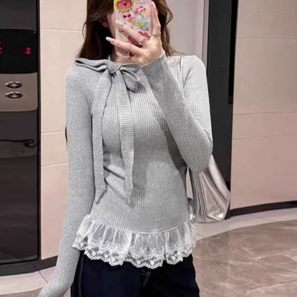 【tops】レースドッキングニットトップス　M28048