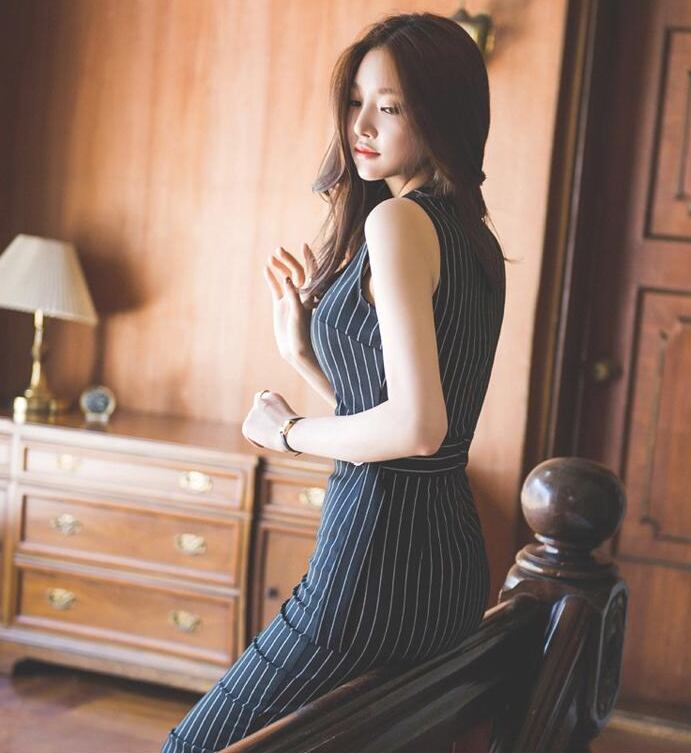 【dress】OL通勤好感度UP!気質満点ストライプ柄 ノースリーブワンピース G0892