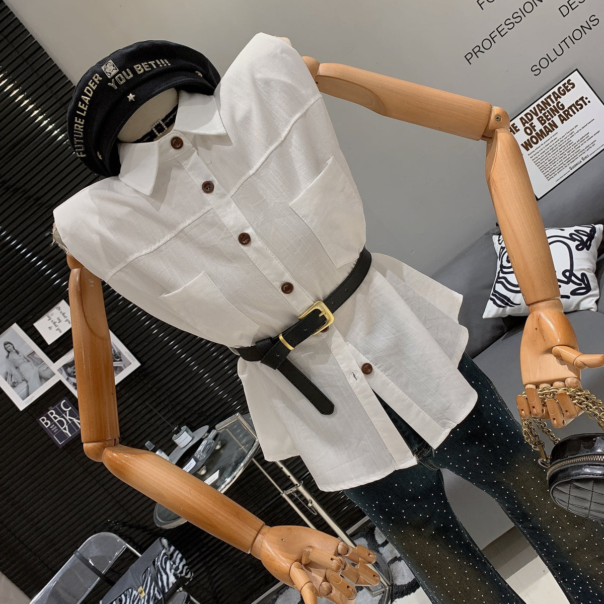 【tops】POLOネックノースリーブシャツトップスベルト付き　M25014