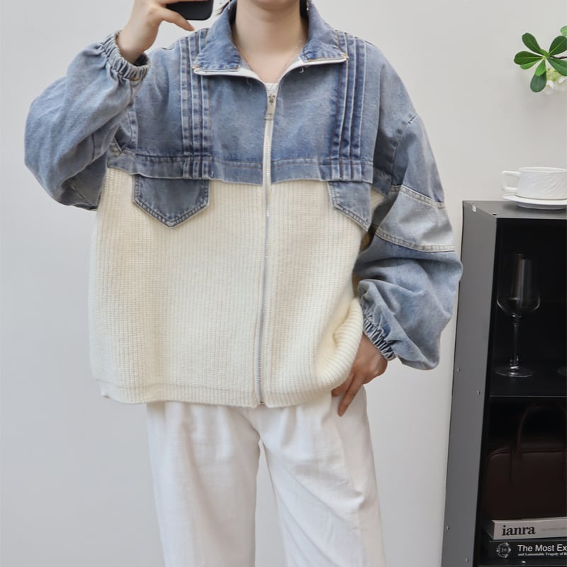 【outer】ニットドッキングデニムジャケット Q6497