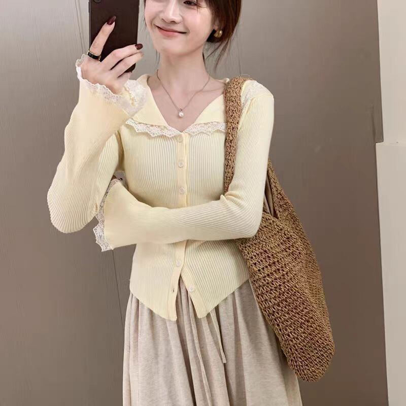 【tops】レース切り替えニットカーデ　M27552