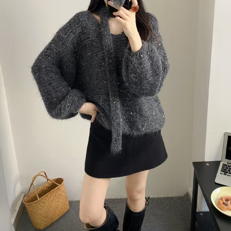 【tops】スカーフ付きニットトップス Q7165