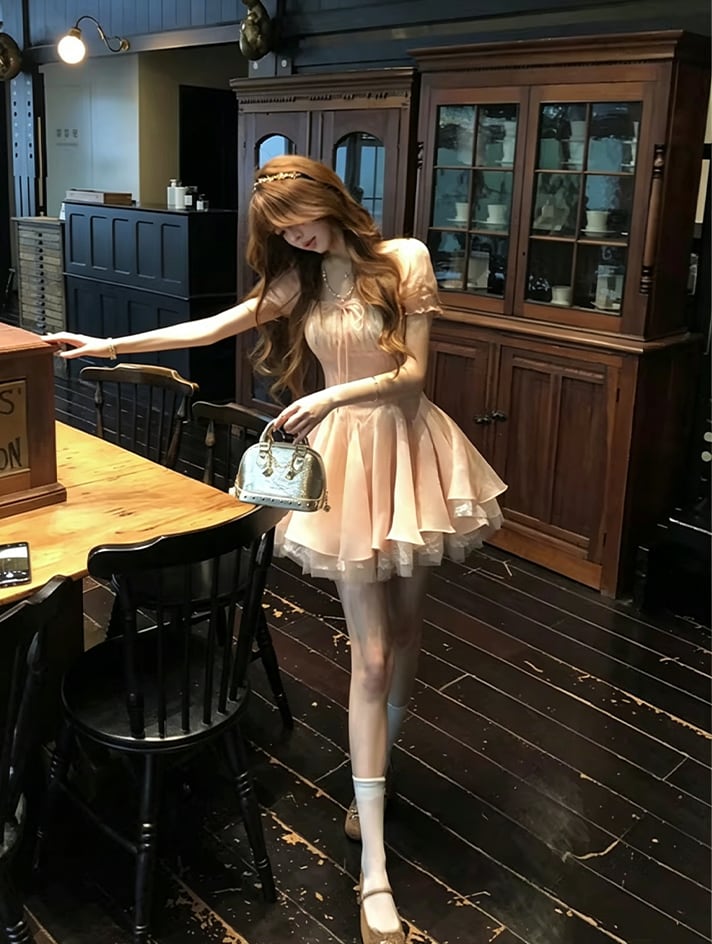 【dress】レースドッキングフレアワンピース Q8470