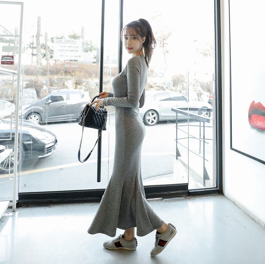 【dress】韓流スタイル気質満点長袖ラウンドネック体型カバーマーメイドワンピース G2416