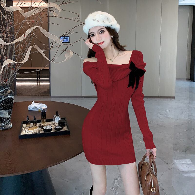【dress】リボン付きニットワンピース　M28330