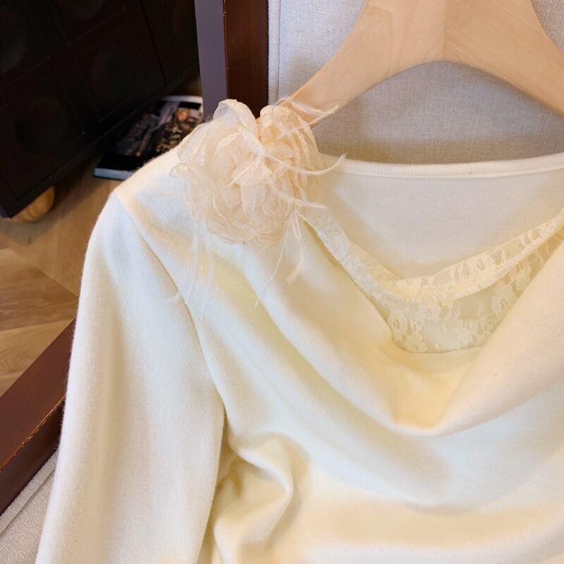 【tops】レース切り替え立体フラワーニットトップス　M29222