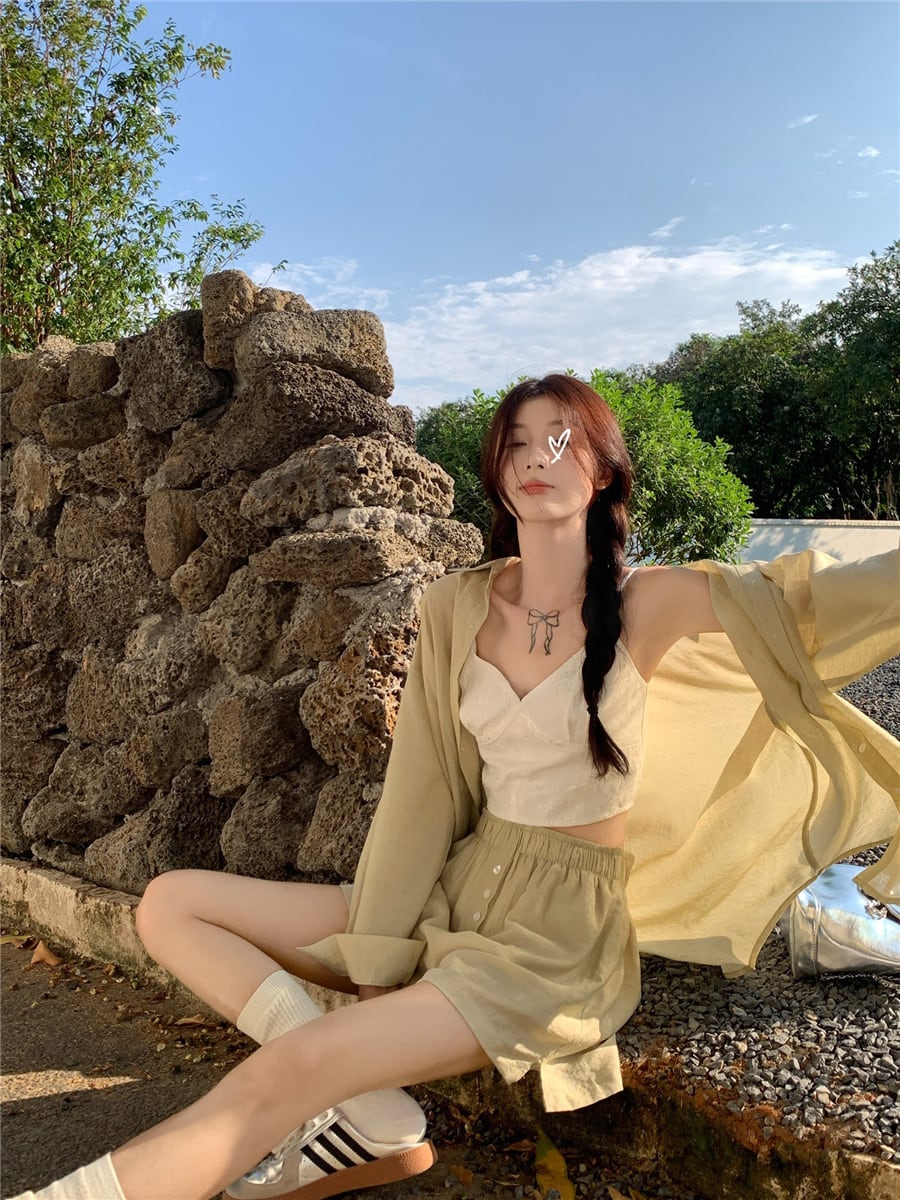 【set】薄手ブラウス+ハイウエストショートパンツ２点セットG21291