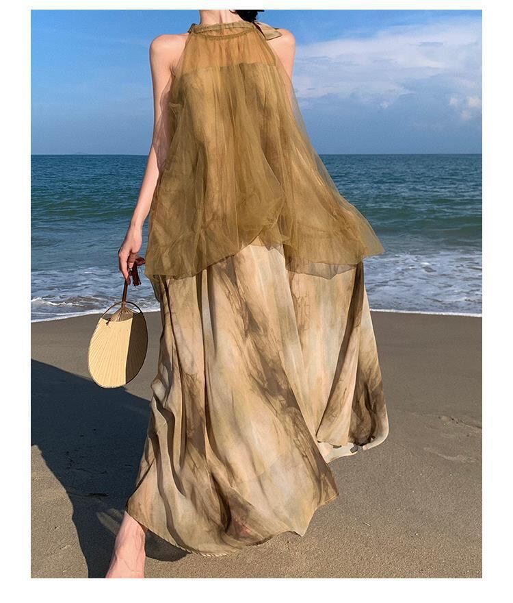 【dress】メッシュ偽二つ切り替えワンピース G20432