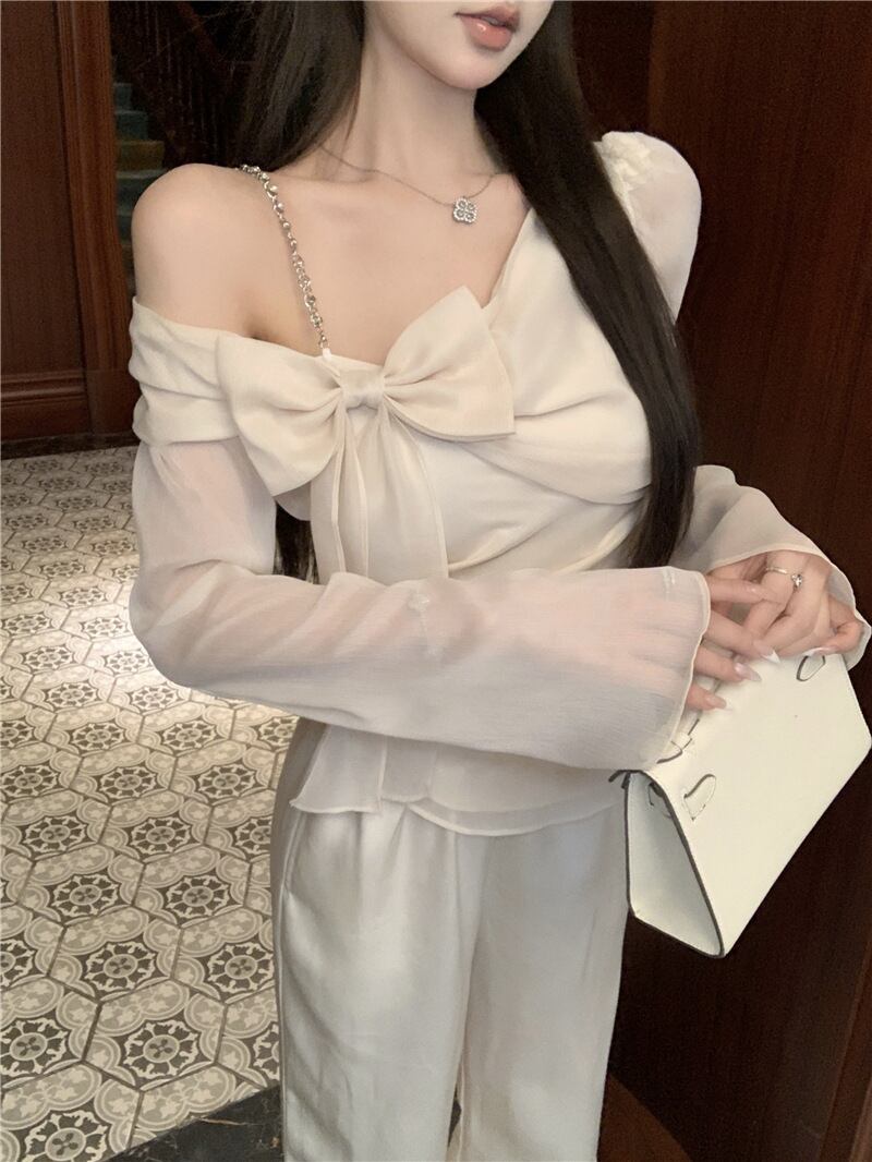 【tops】リボン付きオフショルダートップス　M28459