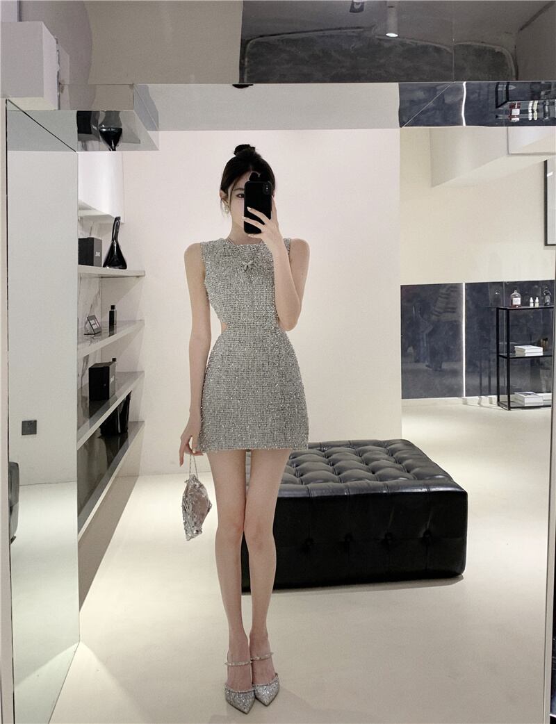 【dress】お値段以上！夏新作2色ラウンドネックノースリーブ二次会披露宴ワンピースF5558