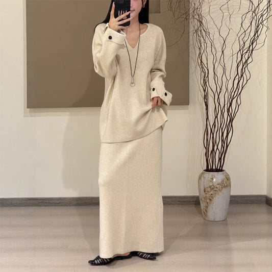 【set】Vネックニットトップス×ロングスカートセット Q7439