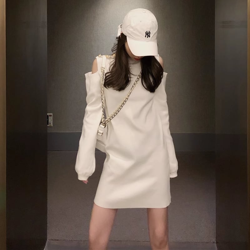 【dress】オープンショルダーニットワンピース Q7576