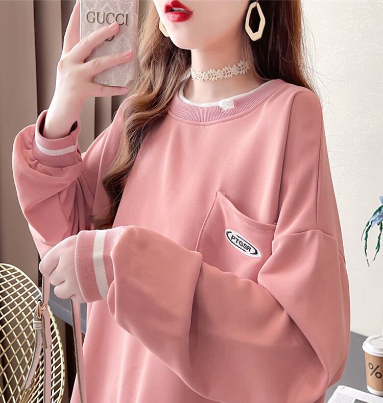 【tops】ラウンドネック長袖偽二つ切り替え英字柄ゆったり着回しパーカーF0676