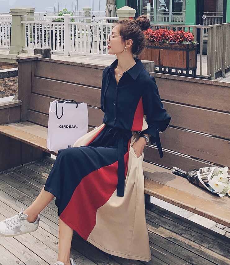 【dress】気質満点POLOネックスウィート長袖デザイン着痩せワンピース G1510