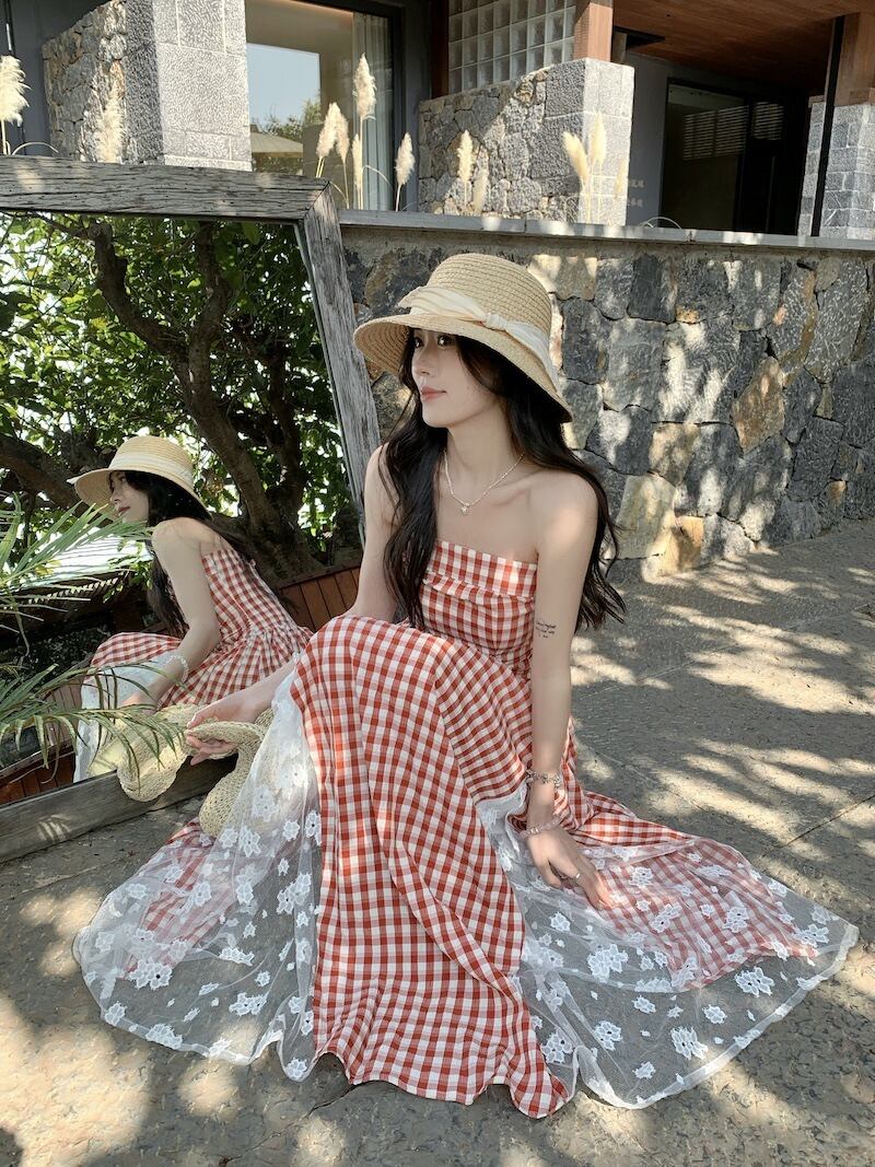 【dress】レースドッキングチェック柄ワンピース　M29795