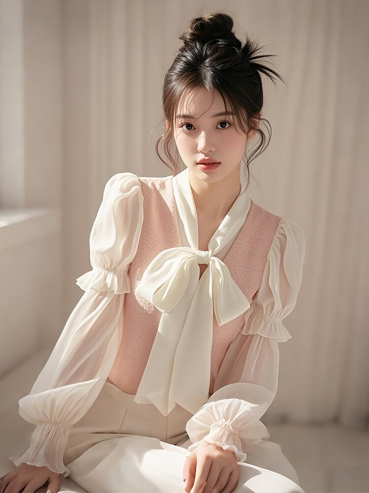 【tops】ドッキングリボン付きブラウス　M29598
