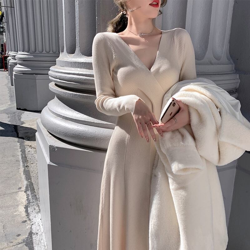 【dress】好感度UP!気質満点エレガントVネック知的着痩せニットワンピース G2291