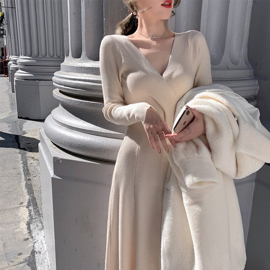 【dress】好感度UP!気質満点エレガントVネック知的着痩せニットワンピース G2291