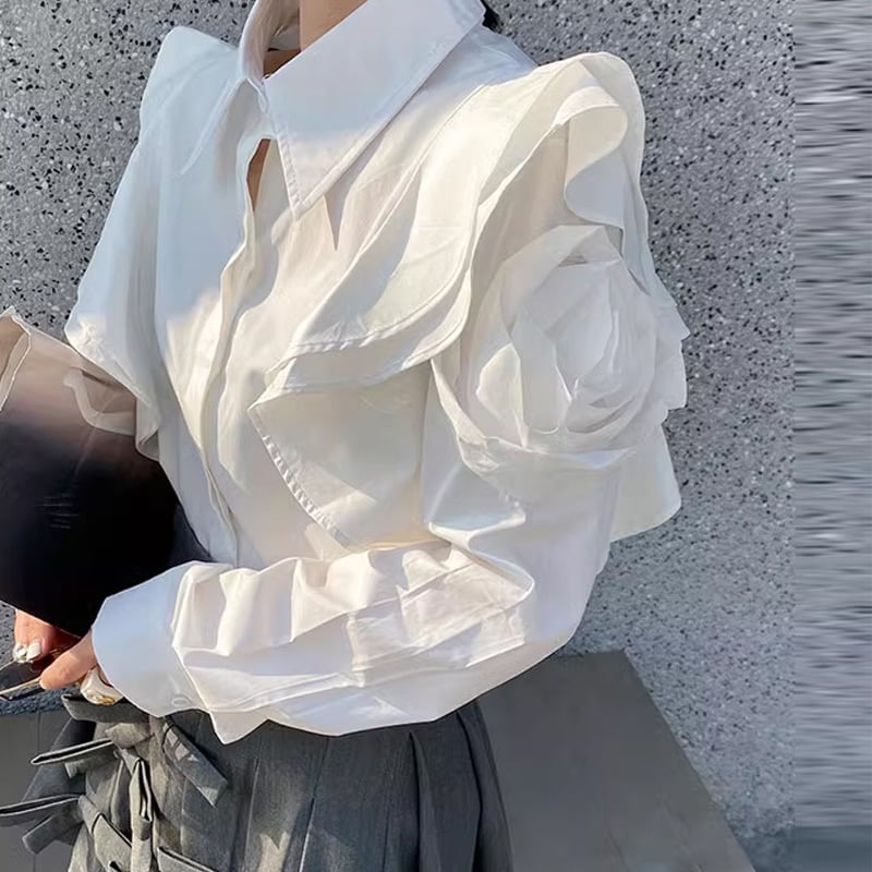 【tops】POLOネック長袖パフ袖ブラウスF7056