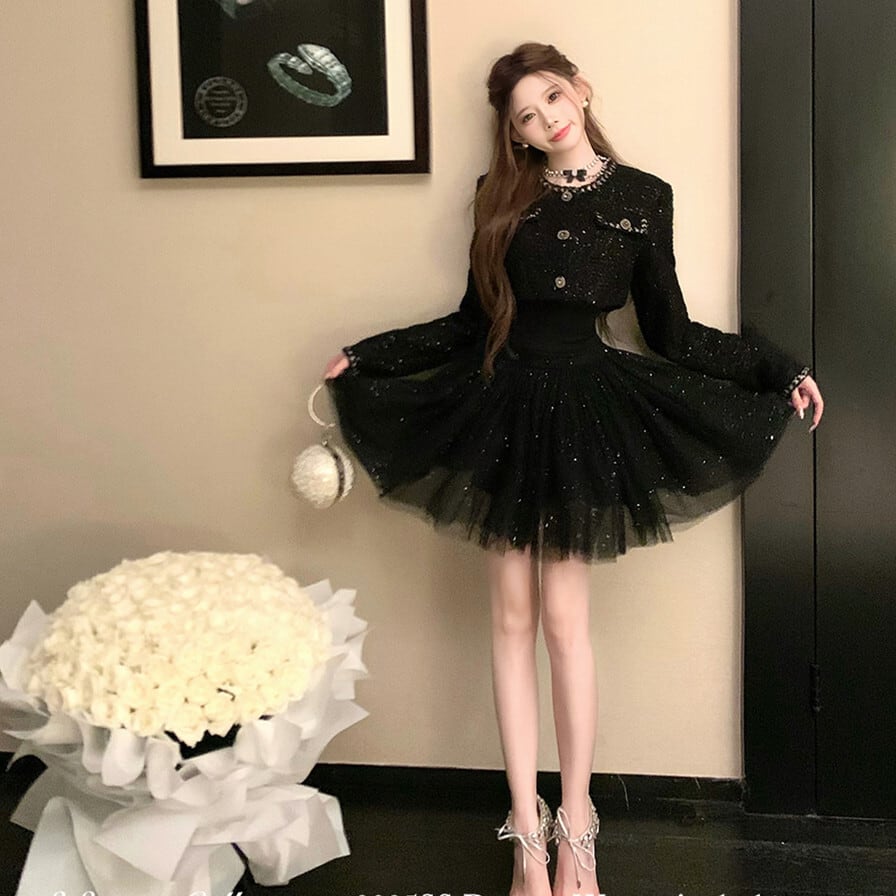 【set】ツイードショートジャケット×ミニワンピースセット     N3348
