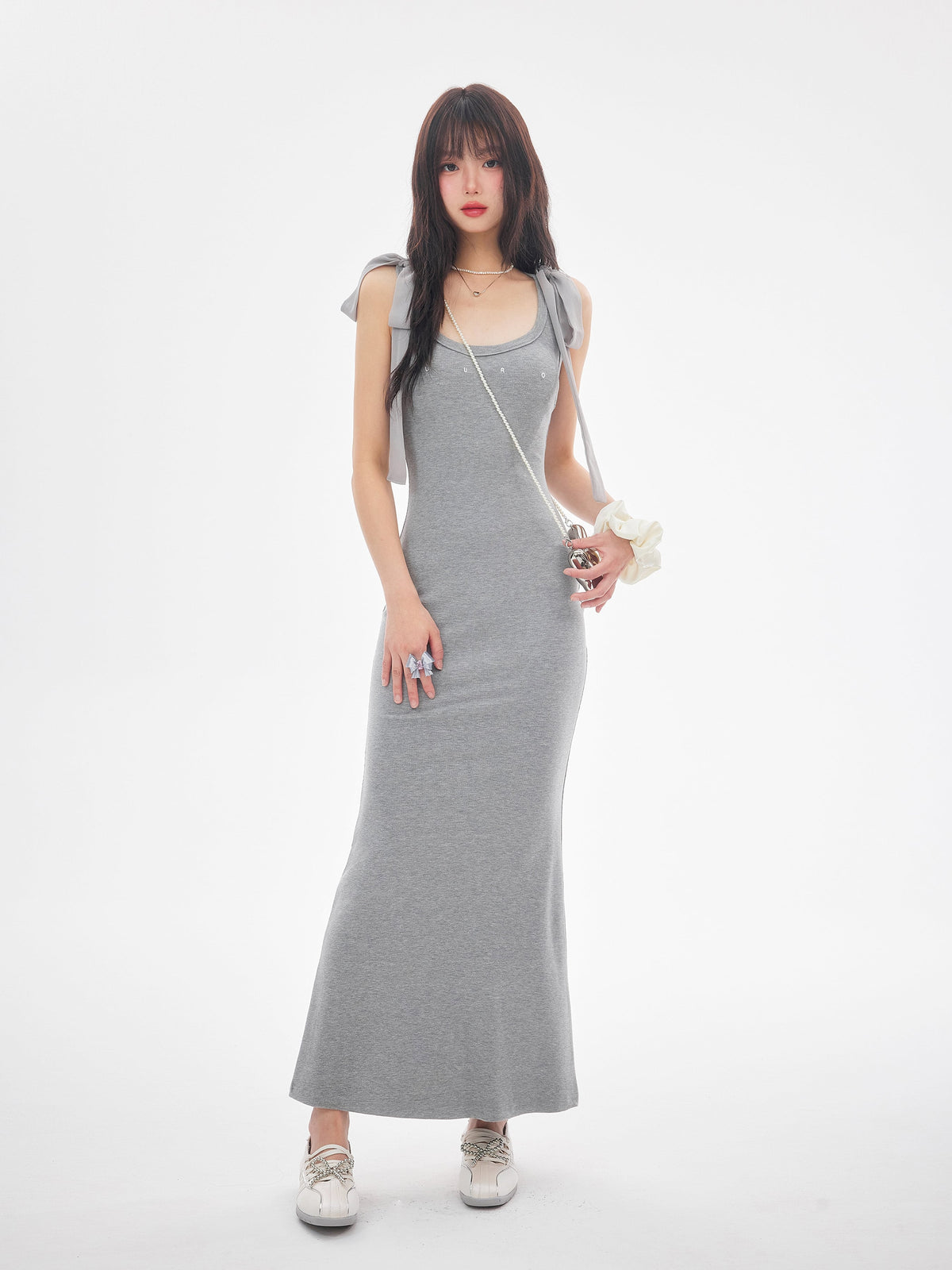 【dress】ショルダーリボンシェイプリブカットロングワンピース　N3520
