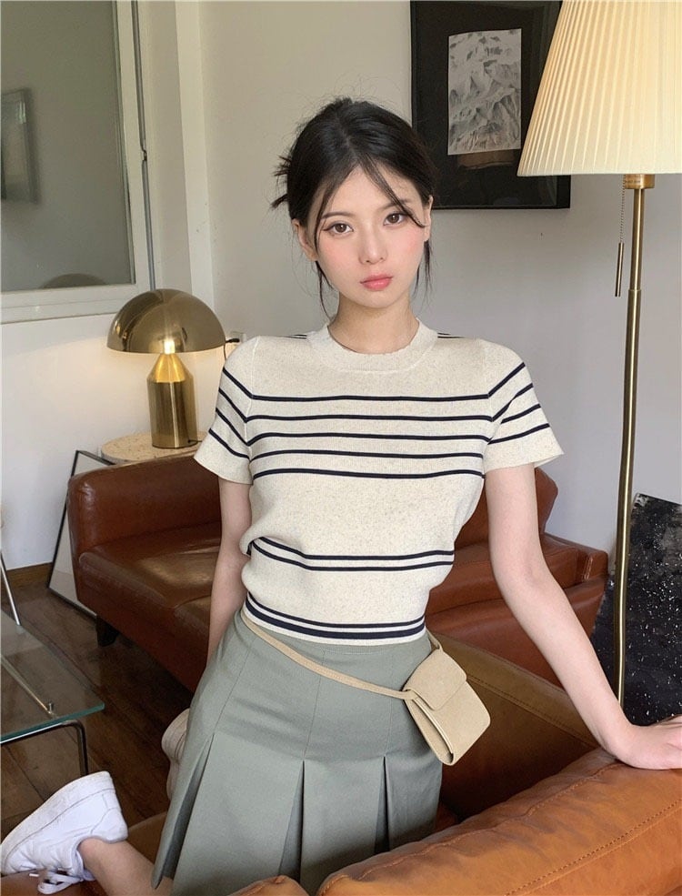 【tops】ストライプ柄ニットトップスG21082